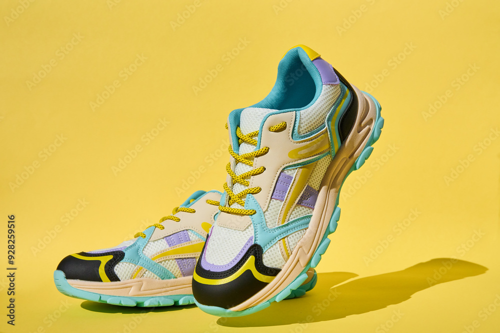 White sneakers with colored accents on yellow background, Pair of fashionable sport shoes. Studio shot of shoes for shop advertisement, creative minimalist style