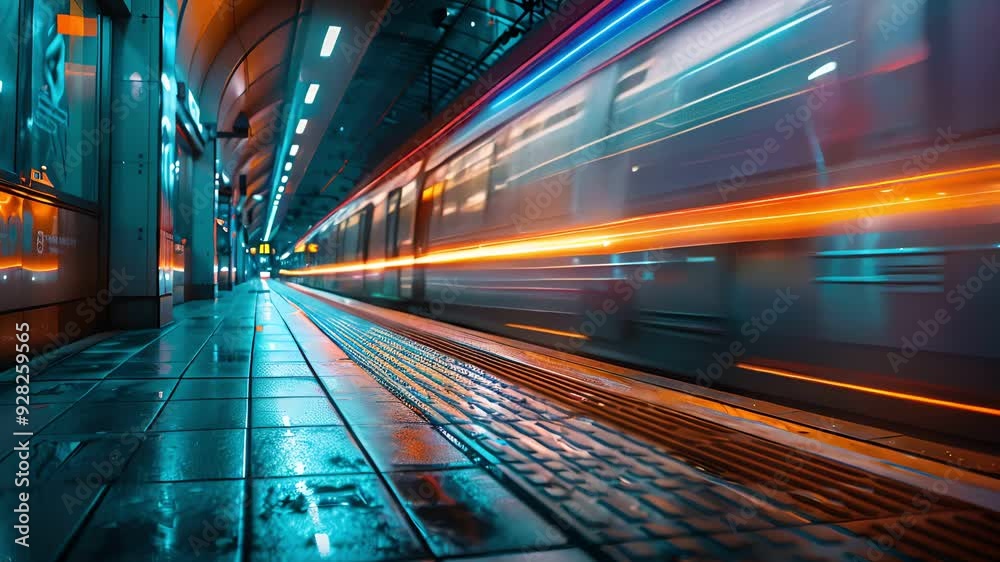 Dynamic long-exposure photo of a train in motion at a modern urban underground station Dynamic long-exposure photo of a train in motion at a modern urban underground station