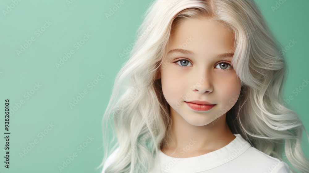Portrait of a chic cute beautiful child girl blond with long white hair and perfect skin, light green background, banner. Portrait of a chic cute beautiful child girl blond with long white hair and perfect skin, light green background, banner.