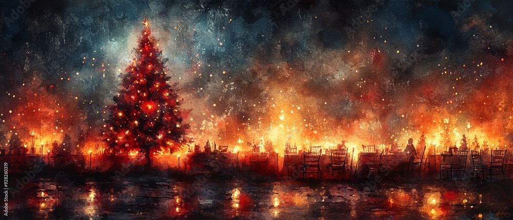 A vibrant Christmas scene featuring a glowing tree amidst a fiery backdrop, capturing the spirit of the holiday season beautifully. A vibrant Christmas scene featuring a glowing tree amidst a fiery backdrop, capturing the spirit of the holiday season beautifully.