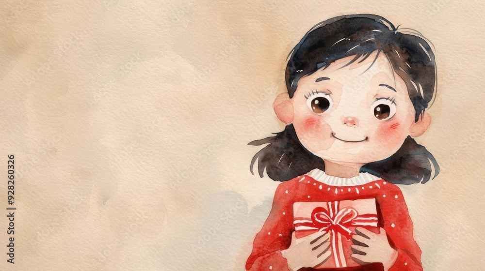 Delicate watercolor of a child receiving a Christmas gift with wide eyes and a big smile, capturing the magic of holiday giving Delicate watercolor of a child receiving a Christmas gift with wide eyes and a big smile, capturing the magic of holiday giving