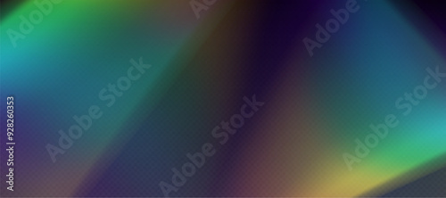Rainbow refraction overlay, leak flare, prism light effect, rainbow sunlight, holographic rays isolated on a black background. Blurred bokeh retro photo texture, vintage camera glare. Vector backdrop.