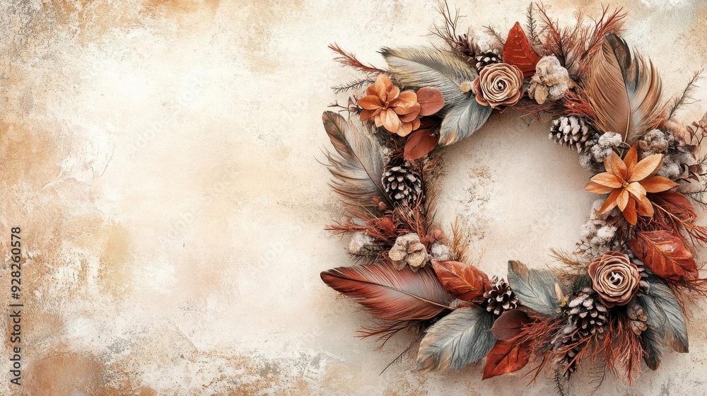 Obraz premium Earthy watercolor background with Boho Christmas wreath made of feathers and dried flowers, Boho Christmas wreath, rustic elegance