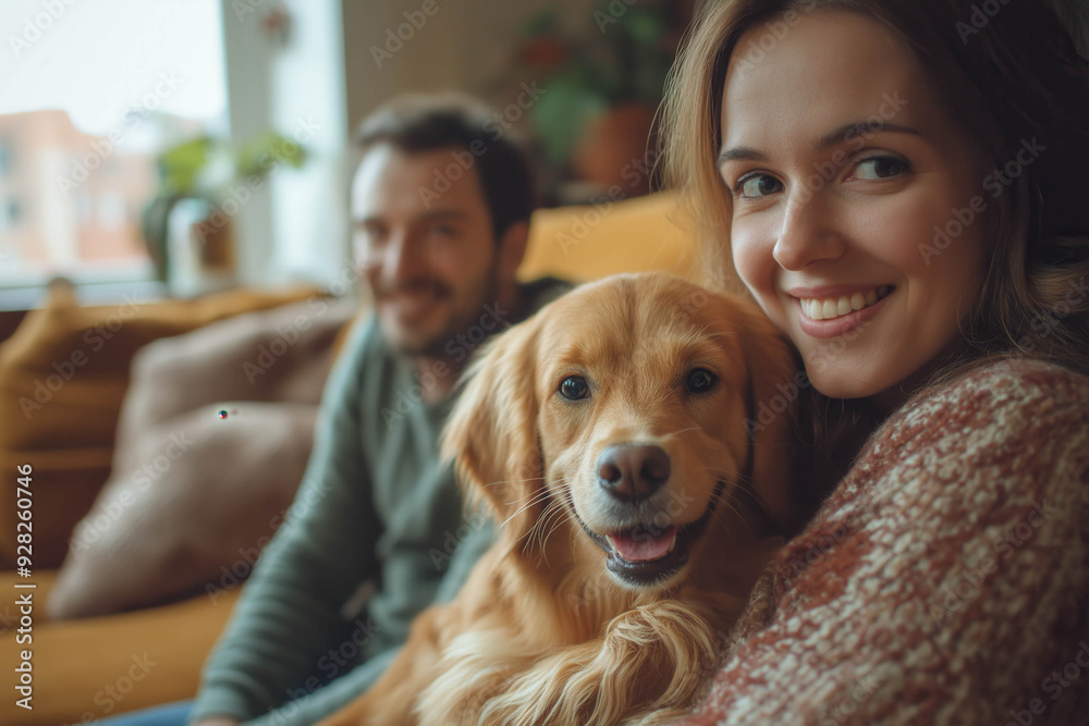 Beautiful Smiling Family, Happy Mother, Father And Cute Daughter Eating Cookies, Looking At Camera, Sitting On Comfortable Sofa With Pet Golden Retriever Beautiful Smiling Family, Happy Mother, Father And Cute Daughter Eating Cookies, Looking At Camera, Sitting On Comfortable Sofa With Pet Golden Retriever