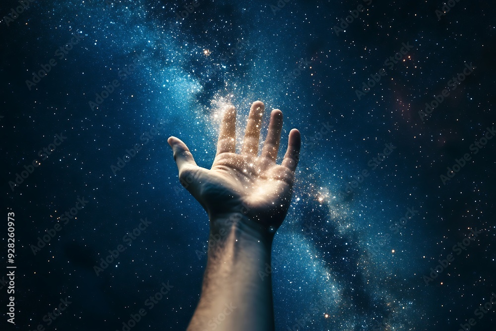 Hand holding a glowing star against a vast, cosmic night sky Hand holding a glowing star against a vast, cosmic night sky