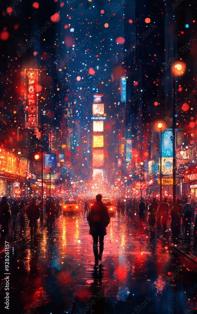 A vibrant city scene with glowing lights, rain-soaked streets, and a lone figure embracing the urban atmosphere.