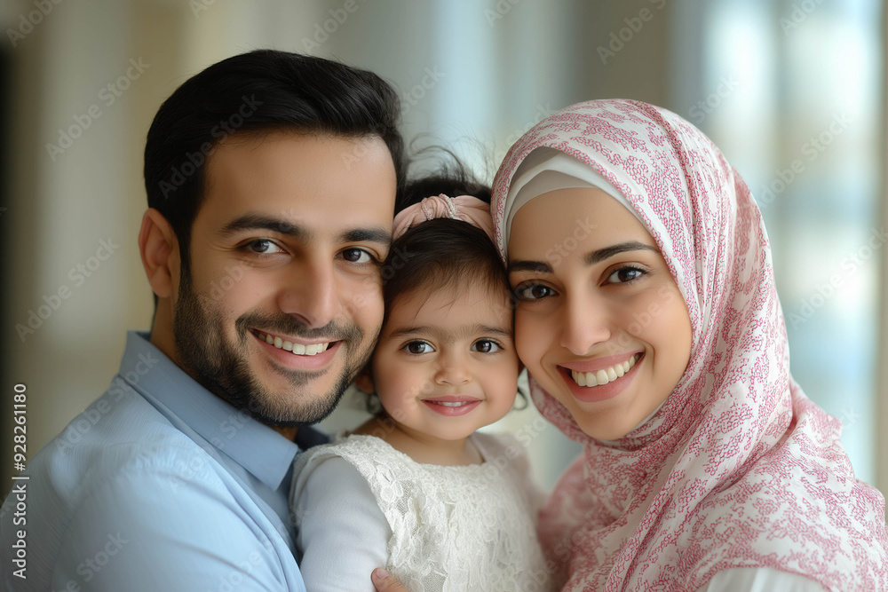 Portraif Of Happy Arabic Parents Posing With Their Little Daughter At Home Portraif Of Happy Arabic Parents Posing With Their Little Daughter At Home
