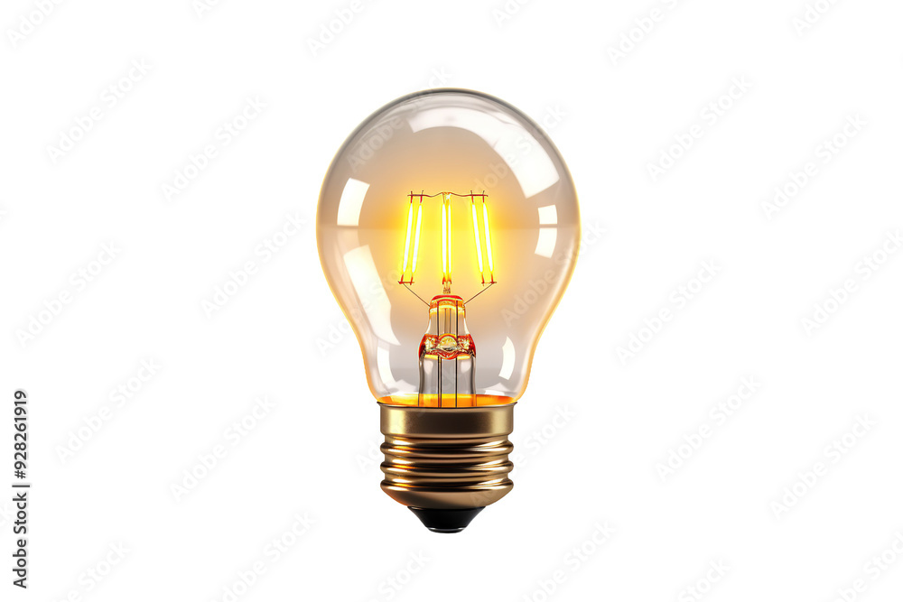 A Golden Glow of Inspiration - A Lit Light Bulb Against a White Background on a White or Clear Surface PNG Transparent Background. A Golden Glow of Inspiration - A Lit Light Bulb Against a White Background on a White or Clear Surface PNG Transparent Background.
