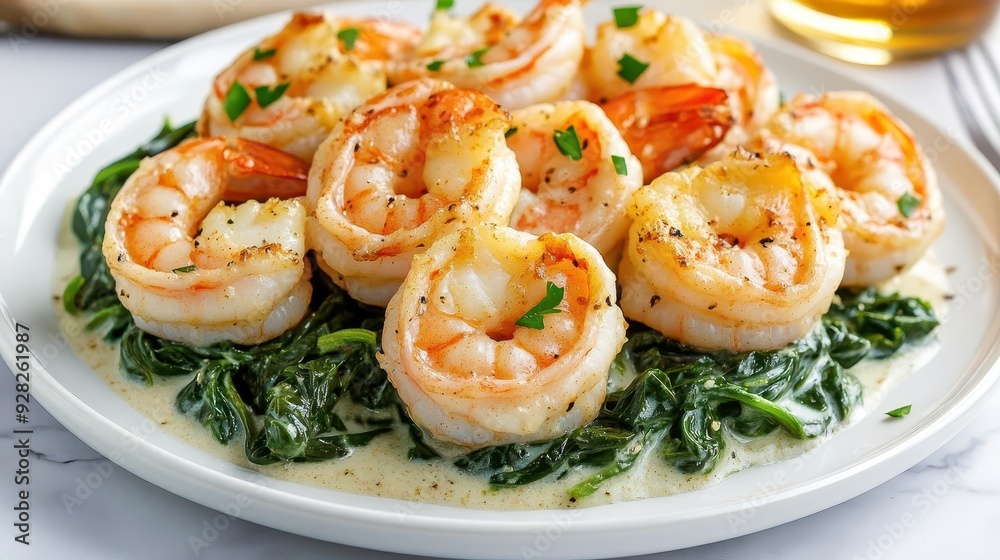 A plate of creamy garlic butter shrimp with sauteed spinach, arranged elegantly on a white plate