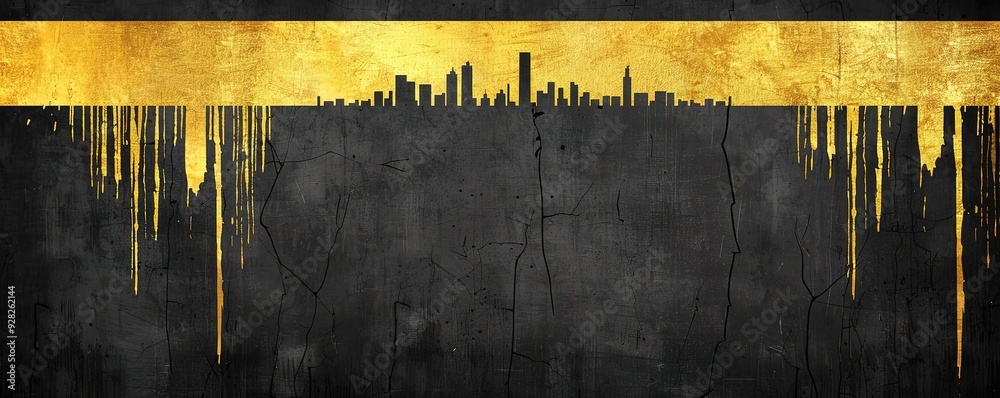 Obraz premium Abstract cityscape with dripping gold paint. Modern city skyline with a grunge texture.