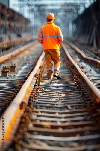 Engineer inspecting railway tracks, construction worker on railways