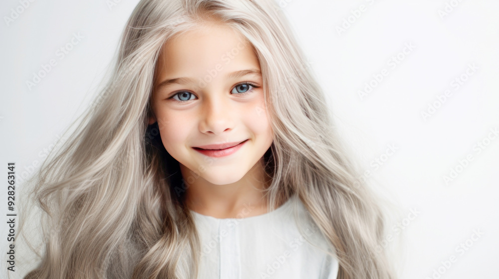 Portrait of a chic cute beautiful blonde child girl with long white hair and perfect skin, white background, banner. Portrait of a chic cute beautiful blonde child girl with long white hair and perfect skin, white background, banner.