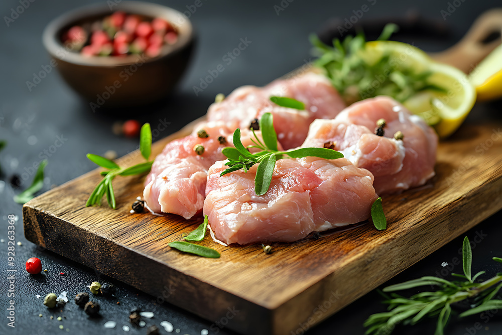 Raw chicken meat cutting on a wooden board commercial advertising photo Raw chicken meat cutting on a wooden board commercial advertising photo