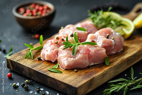 Raw chicken meat cutting on a wooden board commercial advertising photo