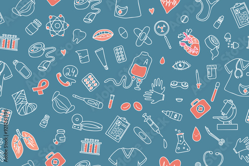 Seamless pattern of medical products, medicines, clothes, first aid kit in doodle style. Vector illustration
