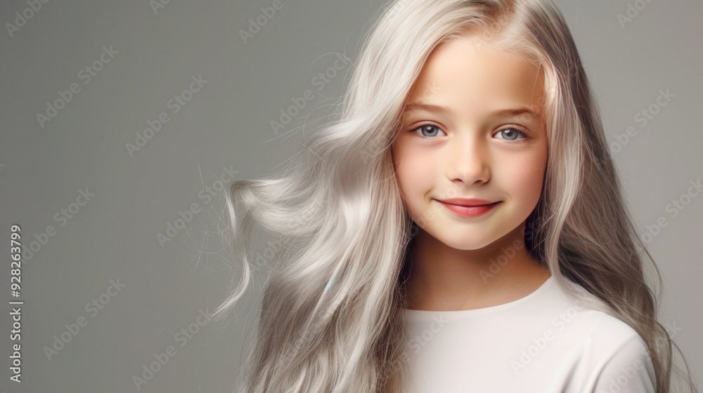 Portrait of a chic cute beautiful blonde child girl with long white hair and perfect skin, silver background, banner. Portrait of a chic cute beautiful blonde child girl with long white hair and perfect skin, silver background, banner.