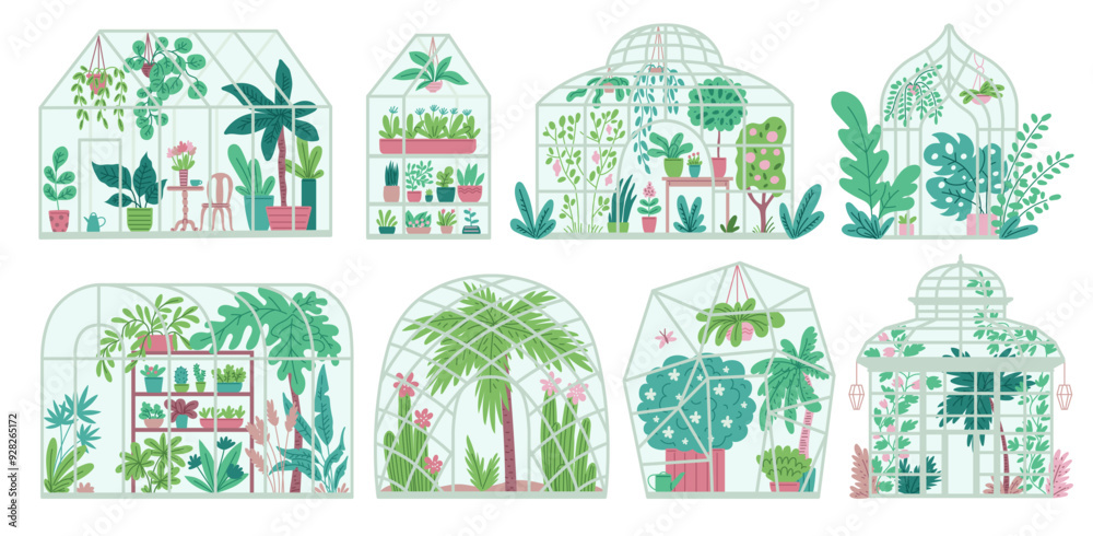 Fototapeta premium Diverse greenhouse garden scenes vector illustration set