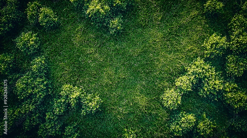 Aerial view of lush green grass surrounded by vibrant shrubs. Aerial view of lush green grass surrounded by vibrant shrubs.