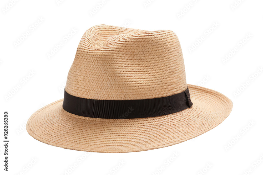 A Tan Straw Fedora With Black Ribbon, A Classic Summertime Accessory on a White or Clear Surface PNG Transparent Background. A Tan Straw Fedora With Black Ribbon, A Classic Summertime Accessory on a White or Clear Surface PNG Transparent Background.