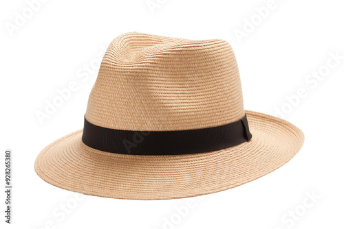 A Tan Straw Fedora With Black Ribbon, A Classic Summertime Accessory on a White or Clear Surface PNG Transparent Background.