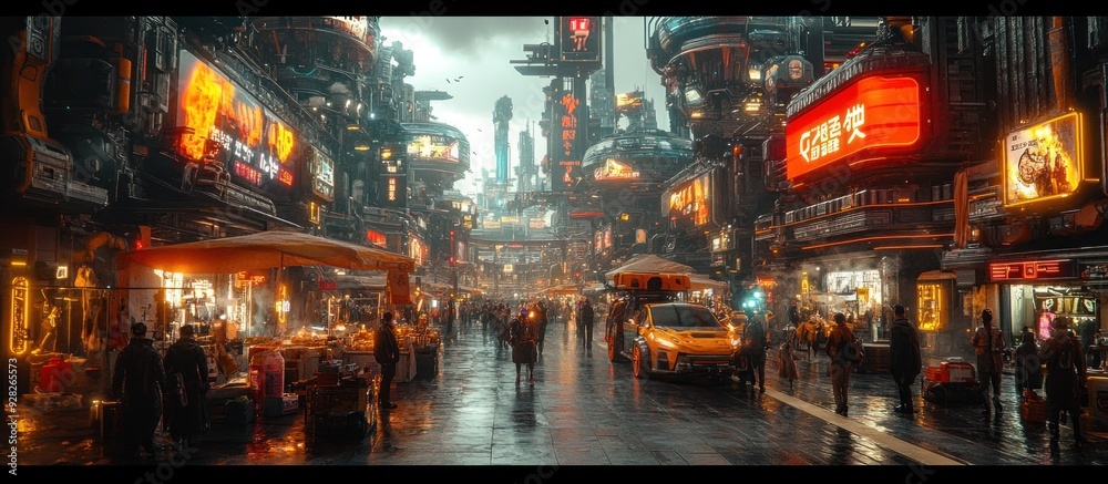 Obraz premium Cyberpunk Cityscape: A Futuristic Street Market