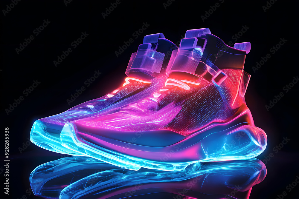 Fototapeta premium Futuristic urban fashion sneakers with neon glow, futuristic design mock up isolated on black background