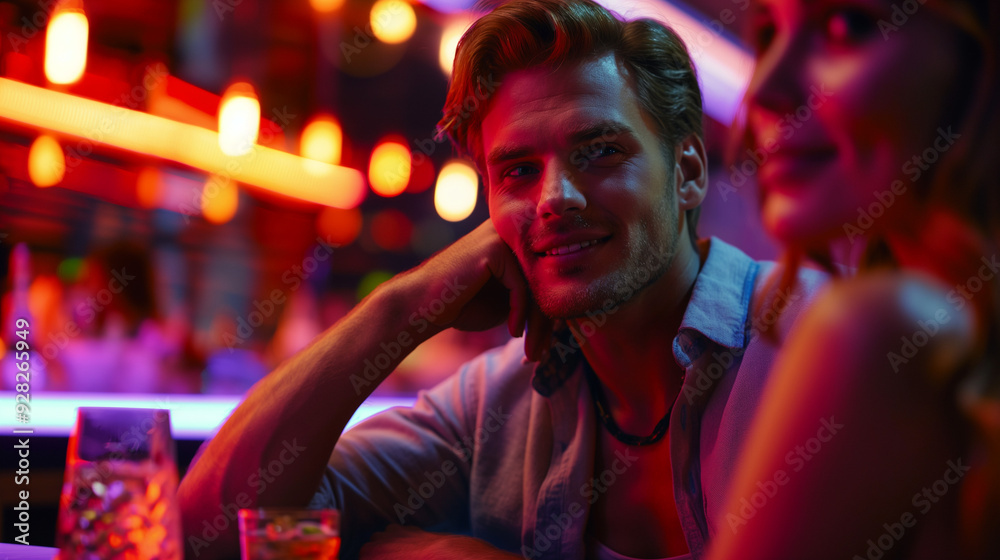 Man and woman flirting at a bar with vibrant nightlife lighting. Man and woman flirting at a bar with vibrant nightlife lighting.