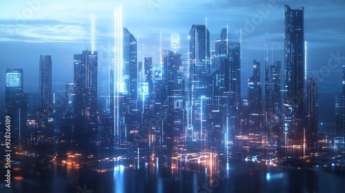 Wallpaper Mural Futuristic cityscape with holographic icons of global business ideas emerging, blending technology and innovation. Space for text in the foreground. Torontodigital.ca