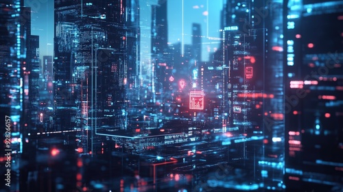 Wallpaper Mural Futuristic cityscape with holographic icons of global business ideas emerging, blending technology and innovation. Space for text in the foreground. Torontodigital.ca