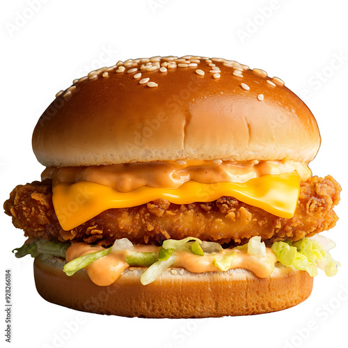 CRISPY CHEESY CHICKEN PATTY BURGER. png isolated background. transparent background