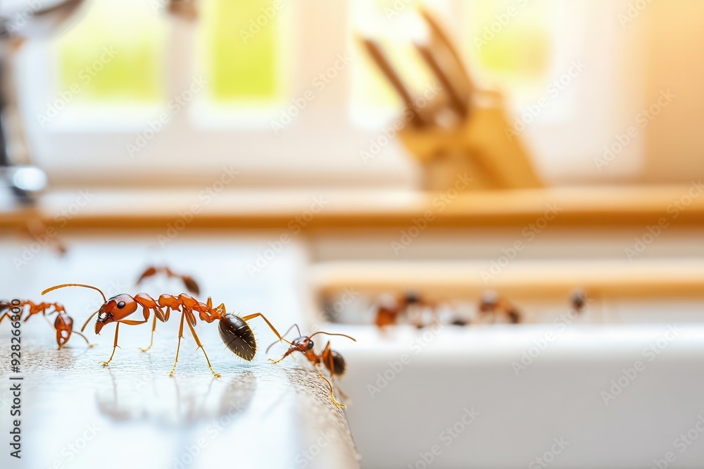 Naklejka premium Close-up of ants exploring a kitchen countertop, showcasing their detailed features and the clean environment around them.