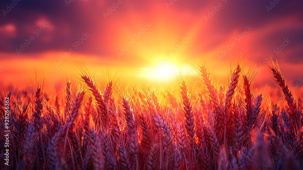 Golden wheat field glowing at sunset with vibrant purple and orange hues. Golden wheat field glowing at sunset with vibrant purple and orange hues.