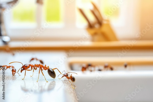 Close-up of ants exploring a kitchen countertop, showcasing their detailed features and the clean environment around them. photo