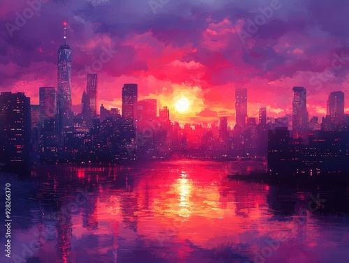 A vibrant sunset over a city skyline reflecting stunning colors on the water, capturing the essence of urban beauty.