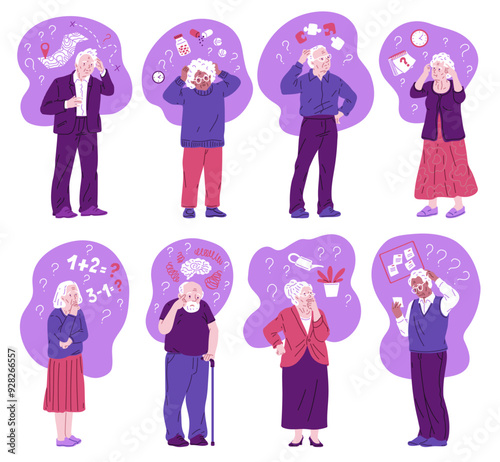 Alzheimer's disease in elderly vector illustration set