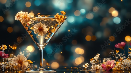 Artistic martini glass filled with flowers photo