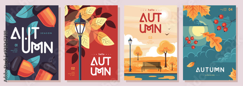 Set of retro flat autumn covers or party posters with autumn floral attributes. Seasonal sale poster. Vector illustration