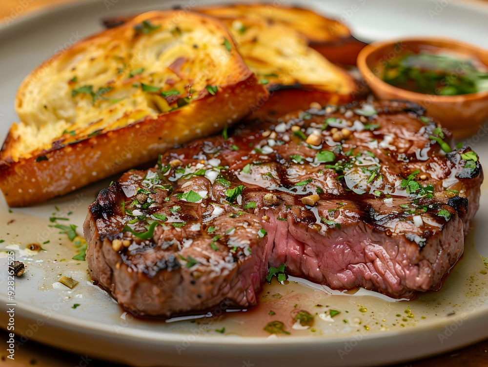 Grilled Steak with Garlic Bread and Parsley - Photo Grilled Steak with Garlic Bread and Parsley - Photo