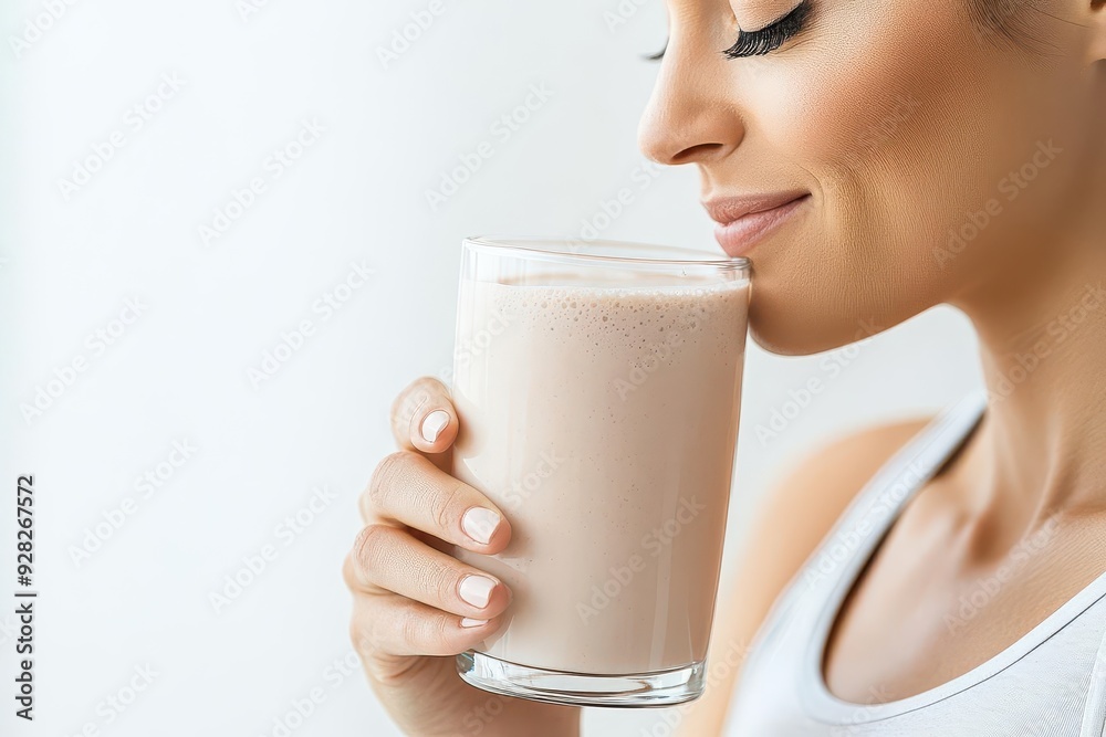 Close-up of a woman drinking a whey protein shake post-workout, focus on recovery, whey protein, woman, lean fitness