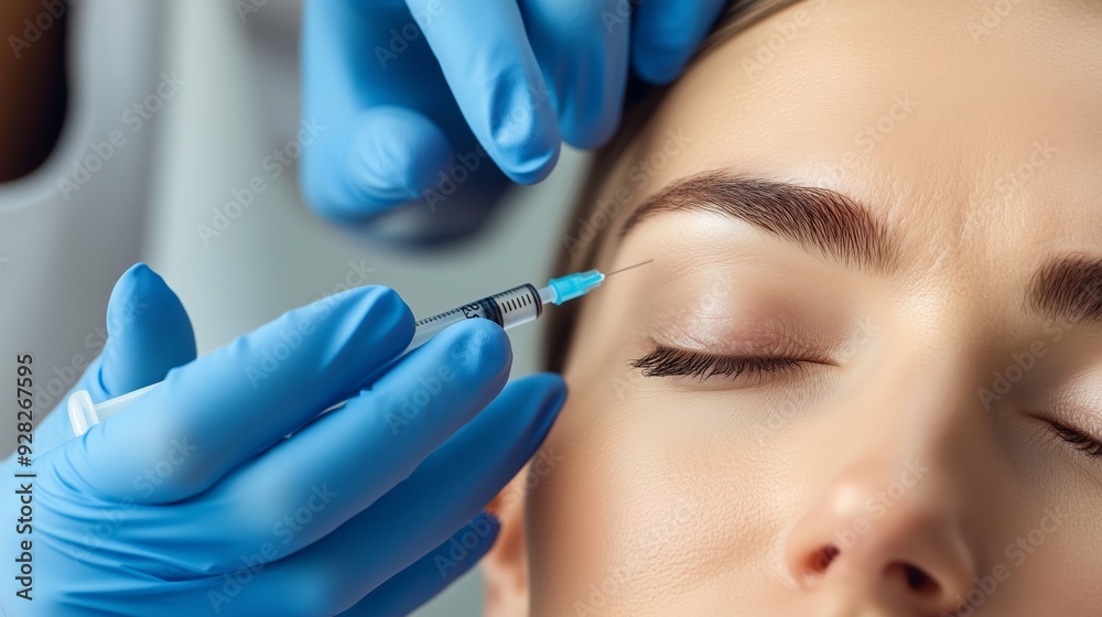 A healthcare professional administers a cosmetic injection to a patient's brow in a clinical setting