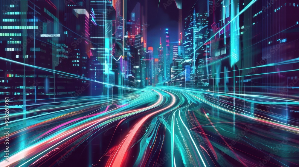 Futuristic Cityscape with Neon Lights and Speed Trails Futuristic Cityscape with Neon Lights and Speed Trails