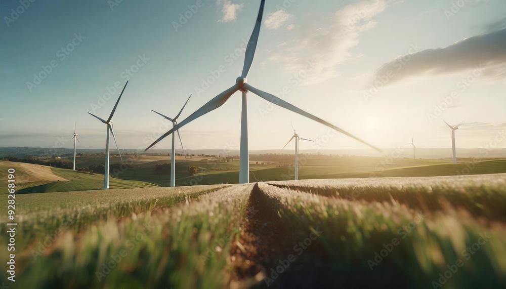 Fototapeta premium Wind turbines in field during sunset