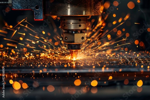 A machine is cutting through metal, creating sparks and a sense of danger