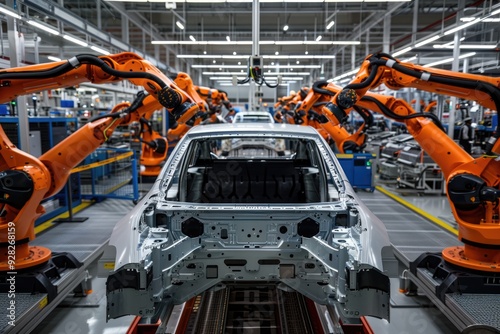 Modern electric vehicle factory with orange robotic arms on assembly line