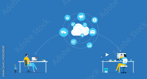 flat vector business people  smart working online anywhere with technology cloud  computing server service concept

