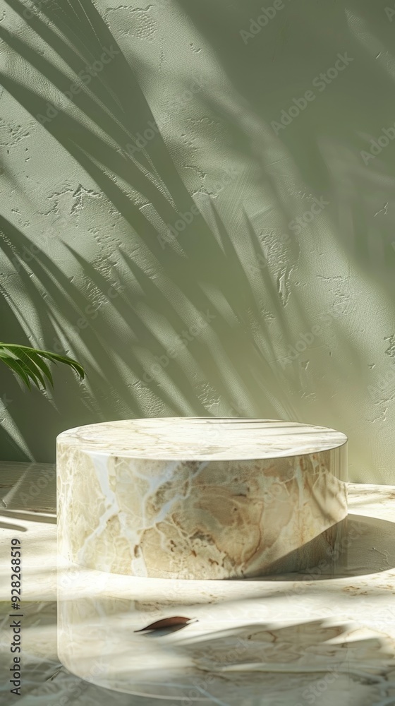 Stone podium with marble finish, fresh water, and leaf shadows Stone podium with marble finish, fresh water, and leaf shadows