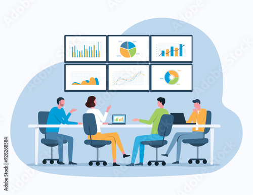 group people business data analysis team meeting with business finance investment graph report dashboard concept. flat vector illustration cartoon design
