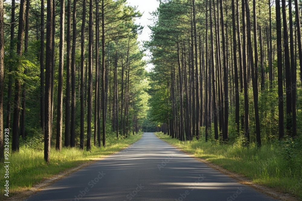 Fototapeta premium Road cutting through dense forest, towering pines on either side, dramatic and scenic