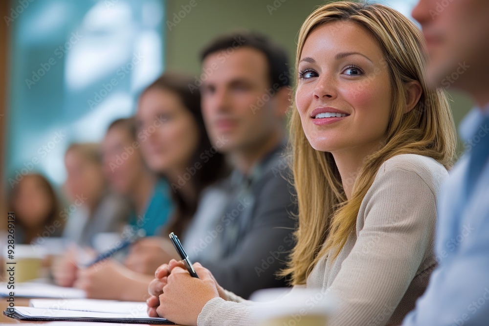 Adults in a professional development seminar, taking notes and engaging with the speaker as they learn new skills for their careers Adults in a professional development seminar, taking notes and engaging with the speaker as they learn new skills for their careers