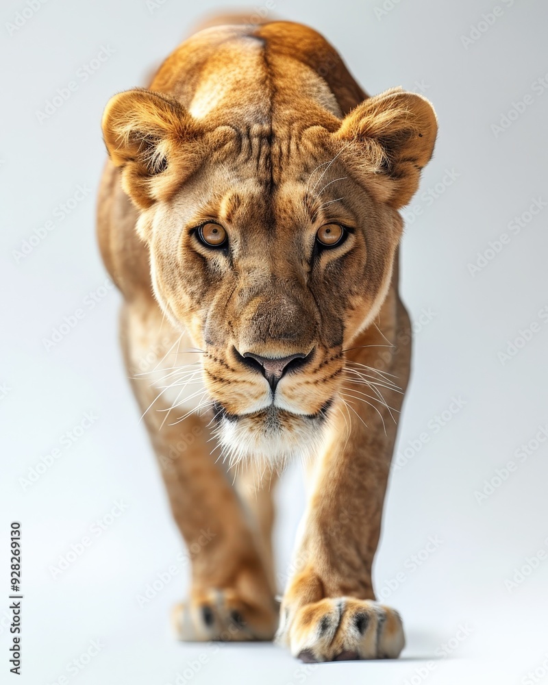 Obraz premium Lioness walking with focused gaze, showing strength and grace in a studio-like setting.